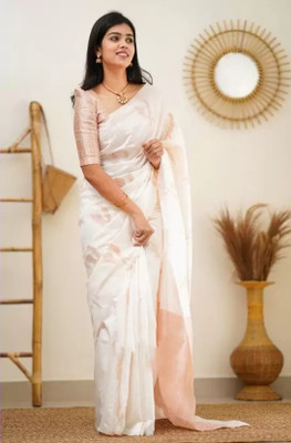 SareeChic Woven Kanjivaram Pure Cotton Saree(White)