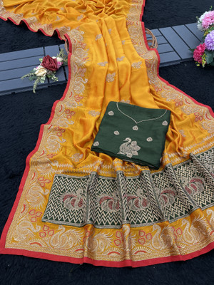 CHAMUNDA CREATION Embroidered Bollywood Pure Silk Saree(Gold)