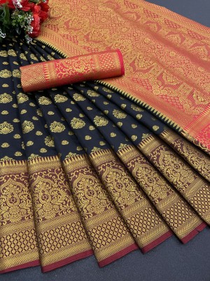 Rupatika Woven Banarasi Pure Silk, Cotton Silk Saree(Red, Black)