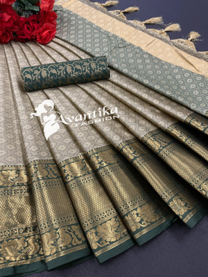 AVANTIKA FASHION Printed, Temple Border, Woven, Embellished, Solid/Plain Banarasi Art Silk, Cotton Silk Saree(Cream)