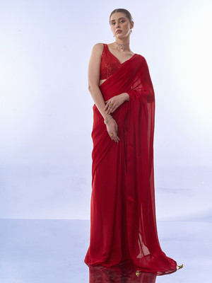 Kalista Solid/Plain Bollywood Chiffon Saree(Red)