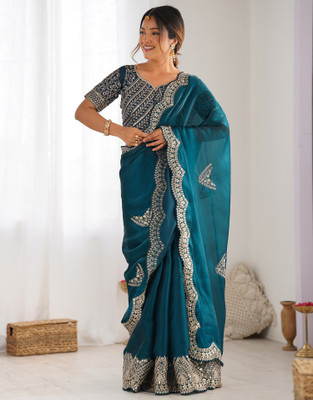Samah Embellished, Embroidered Bollywood Tissue, Jimmy choo Saree(Green)