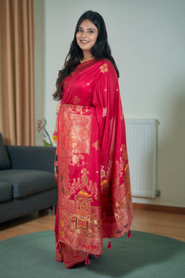 SnehaFashion Creation Woven Baluchari Silk Blend Saree(Red)