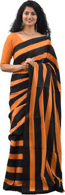 Tropwear Printed, Self Design, Digital Print, Hand Painted, Blocked Printed Ikkat Pure Cotton Saree(Black, Orange)