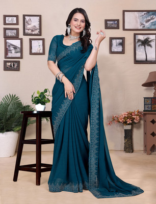 Divastri Embellished, Solid/Plain Bollywood Georgette Saree(Blue)