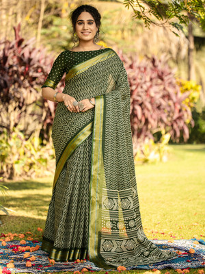 Anouk Rustic Printed Hand Batik Cotton Blend Saree(Green)