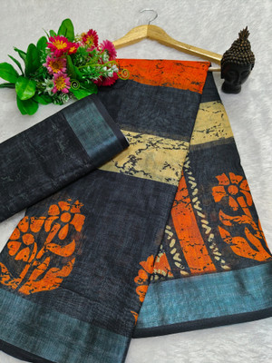 HangerStories Woven Kanjivaram Pure Cotton, Cotton Silk Saree(Black, Orange)