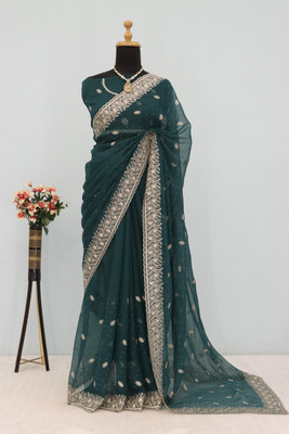 Mikhushop Embroidered Bollywood Organza Saree(Dark Green)