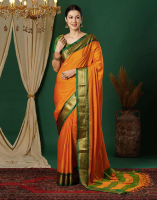 HouseOfCommon Woven Banarasi Cotton Silk Saree(Orange)
