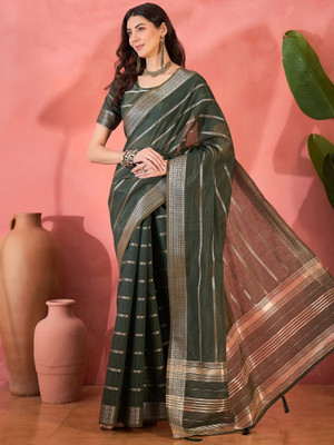 Sangria Self Design Saree with Attached Blouse Organza Saree(Green)