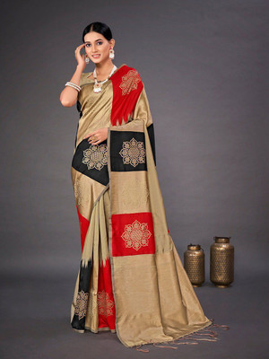 all about you Woven Banarasi Silk Blend Saree(Beige)