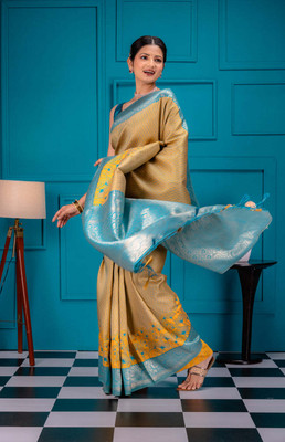 The Style Sanctuary Woven, Floral Print, Geometric Print Banarasi Silk Blend Saree(Yellow)