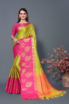 Miswa Woven Banarasi Cotton Silk, Art Silk Saree(Light Green, Pink)