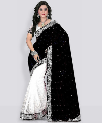 FoogFeb Embroidered Banarasi Velvet, Net Saree(White, Black)