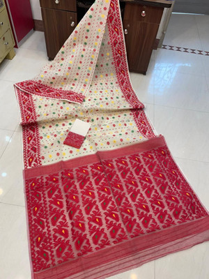 Ilasareecenter Woven Jamdani Handloom Cotton Silk Saree(White, Red)