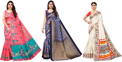 YASHIKA Printed, Woven Kalamkari Art Silk Saree(Pack of 3, Pink, Blue, Cream)