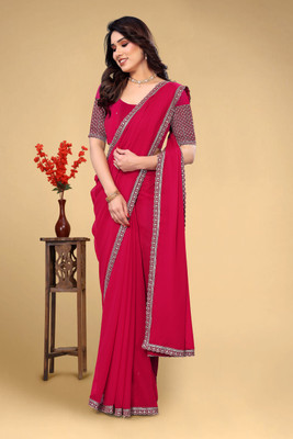 V AMAN FASHION Solid/Plain, Self Design, Embroidered Bollywood Chiffon Saree(Red)