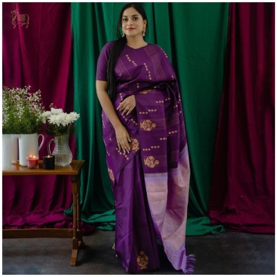 HANSIKA FASHION Temple Border Banarasi Chanderi Saree(Purple)