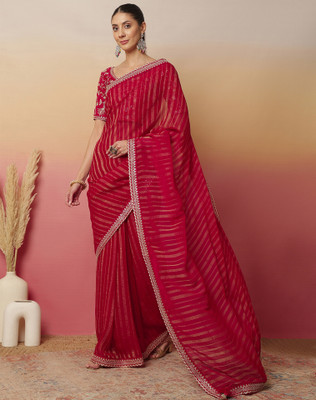 Tasrika Striped, Embellished, Embroidered Bollywood Georgette Saree(Pink)