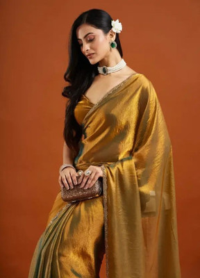 ANJAVI FASHION Embellished, Self Design Bollywood Tissue, Silk Blend Saree(Gold)