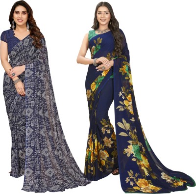 kashvi sarees Floral Print, Polka Print, Ombre, Printed Bollywood Georgette Saree(Pack of 2, Dark Blue, Blue)