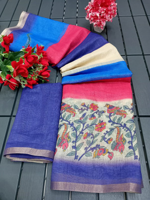 HangerStories Printed Kanjivaram Linen, Cotton Linen Saree(Multicolor)