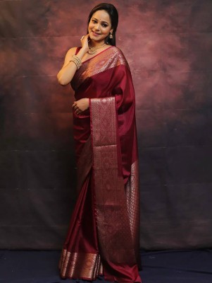 Anjaneya Sarees Woven Banarasi Silk Blend Saree(Maroon)