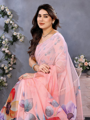 THEPRINTEMPIRE Printed, Graphic Print, Digital Print Bollywood Organza Saree(Pink)