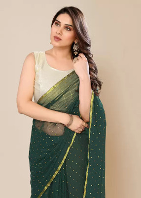 V And V Shop Solid/Plain Bollywood Chiffon Saree(Dark Green)
