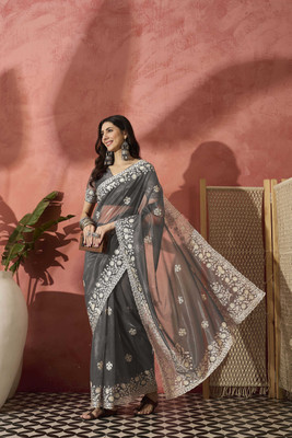 Sangria Embroidered Saree with Attached Blouse Net Saree(Grey)