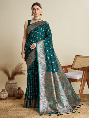 FASHION STROM Woven Bollywood Cotton Silk Saree(Green)