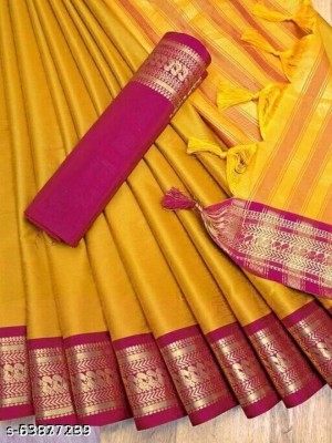 NIYAMI Self Design, Printed, Striped, Embroidered, Woven, Floral Print Bollywood Cotton Silk Saree(Yellow)
