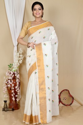 DipDiya Embroidered, Self Design, Woven Tant Pure Cotton Saree(White, Gold)