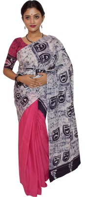 KheyaliBoutique Hand Painted Hand Batik Pure Cotton Saree(Black, Pink)