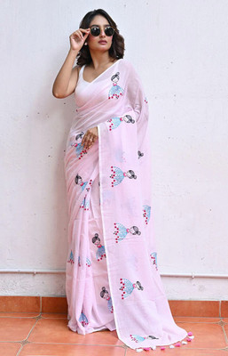 ANU INDIAN FASHION Woven, Temple Border Handloom Cotton Silk Saree(Pink)