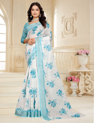 PRTRENDZ Printed Kanjivaram Pure Cotton, Cotton Linen Saree(White, Light Blue)
