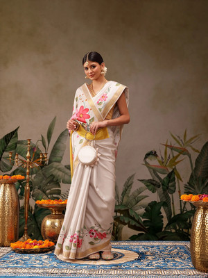 Divastri Floral Print Kasavu Art Silk Saree(White)