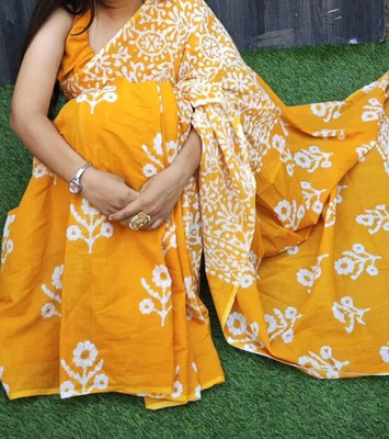 DASTKARPRINT Printed, Color Block, Blocked Printed, Floral Print, Dyed Daily Wear Pure Cotton Saree(Yellow)