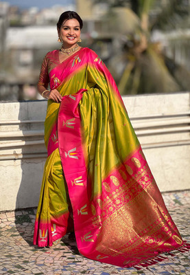 all about you Woven Bollywood Cotton Silk Saree(Red)