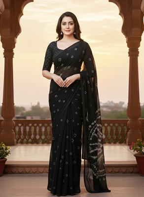 VIOUR Tie-Dye Bandhani Chiffon Saree(Black)