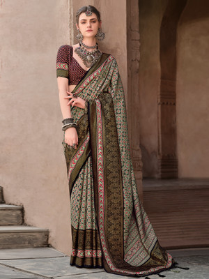 Tasrika Printed Banarasi Silk Blend Saree(Black)