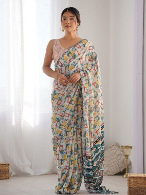 Laxmi Fashion Printed, Floral Print Assam Silk Jacquard, Cotton Silk Saree(White, Multicolor)