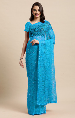 LOROFY Embellished Bollywood Net, Jacquard Saree(Blue)