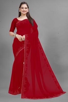 Manan Creation Solid/Plain Bollywood Georgette, Chiffon Saree(Red)