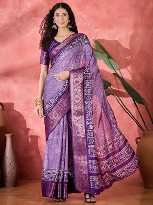 Divastri Printed Bandhani Silk Blend Saree(Purple)