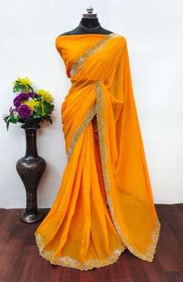 MM VENTURE Embroidered Bollywood Georgette Saree(Yellow)