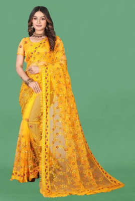 NIYANTAKSH Embroidered Bollywood Net Saree(Yellow)
