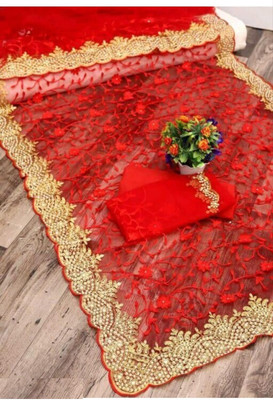 SkyFlock Embroidered, Embellished Bollywood Net Saree(Red)