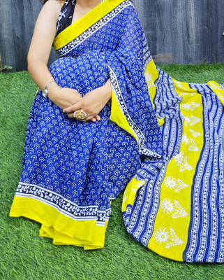 AARTI FASHION Printed Ikkat Cotton Blend Saree(Blue)