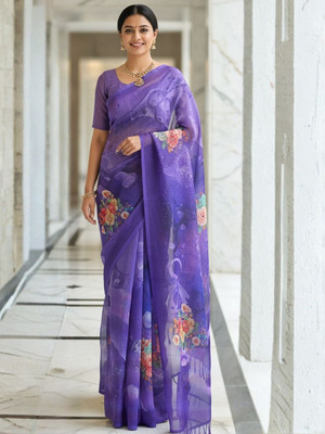 ZAMUNA Floral Print, Digital Print Daily Wear Georgette Saree(Blue)